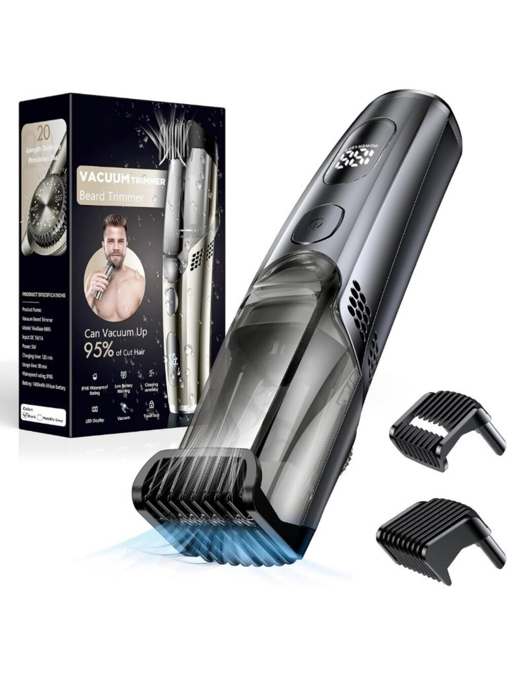 Cordless Vacuum Beard Trimmer for Men, Adjustable Length, Waterproof, Easy Clean